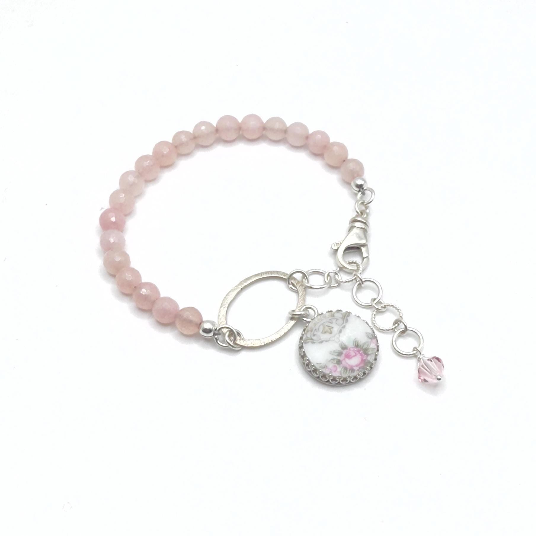 2nd Anniversary China Gifts for Wife, Dainty Rose Quartz Bracelet, Broken China Jewelry, Unique Gifts for Women, Noritake Glenwood Pink Rose
