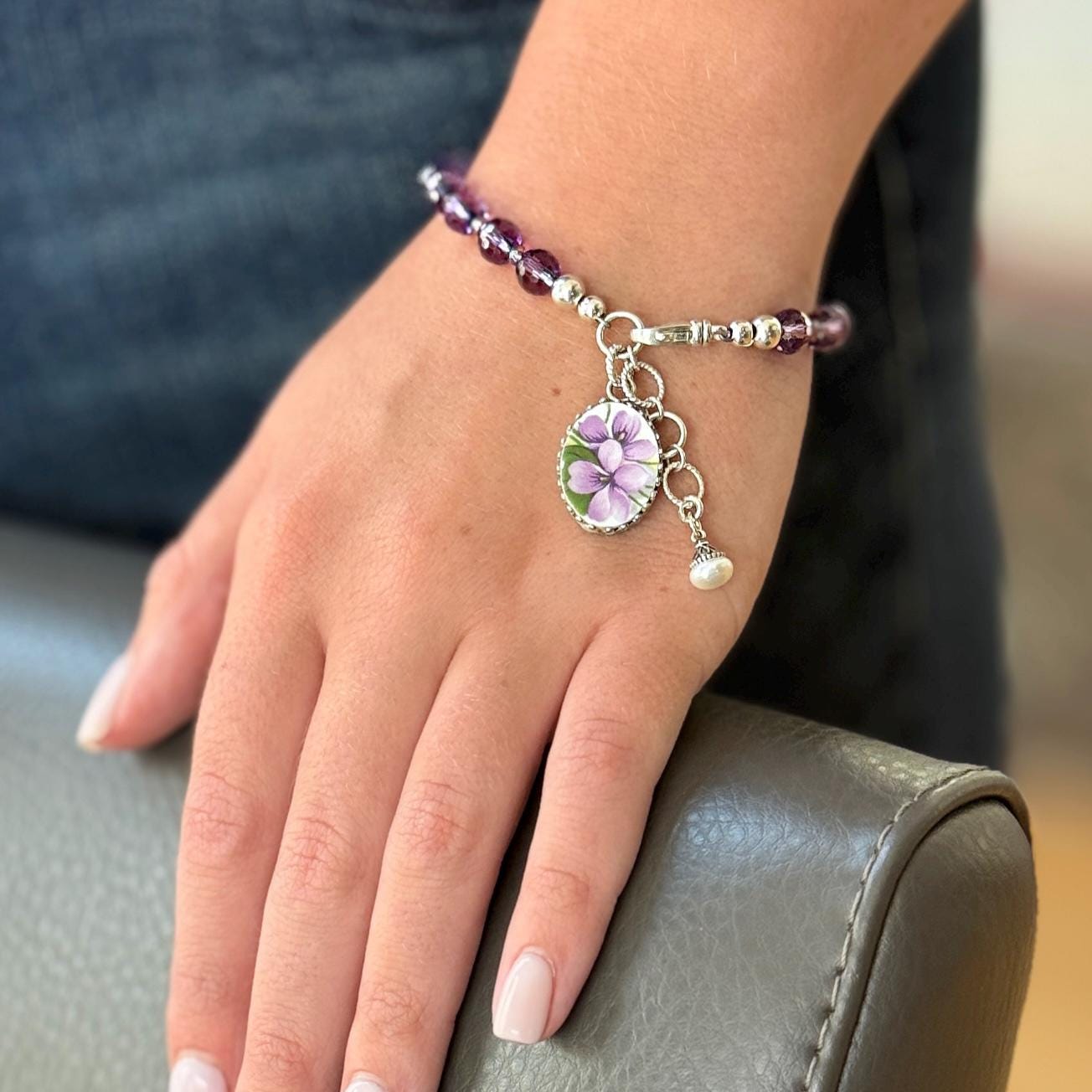 Purple Amethyst Bracelet and Violet Broken China Jewelry Charm