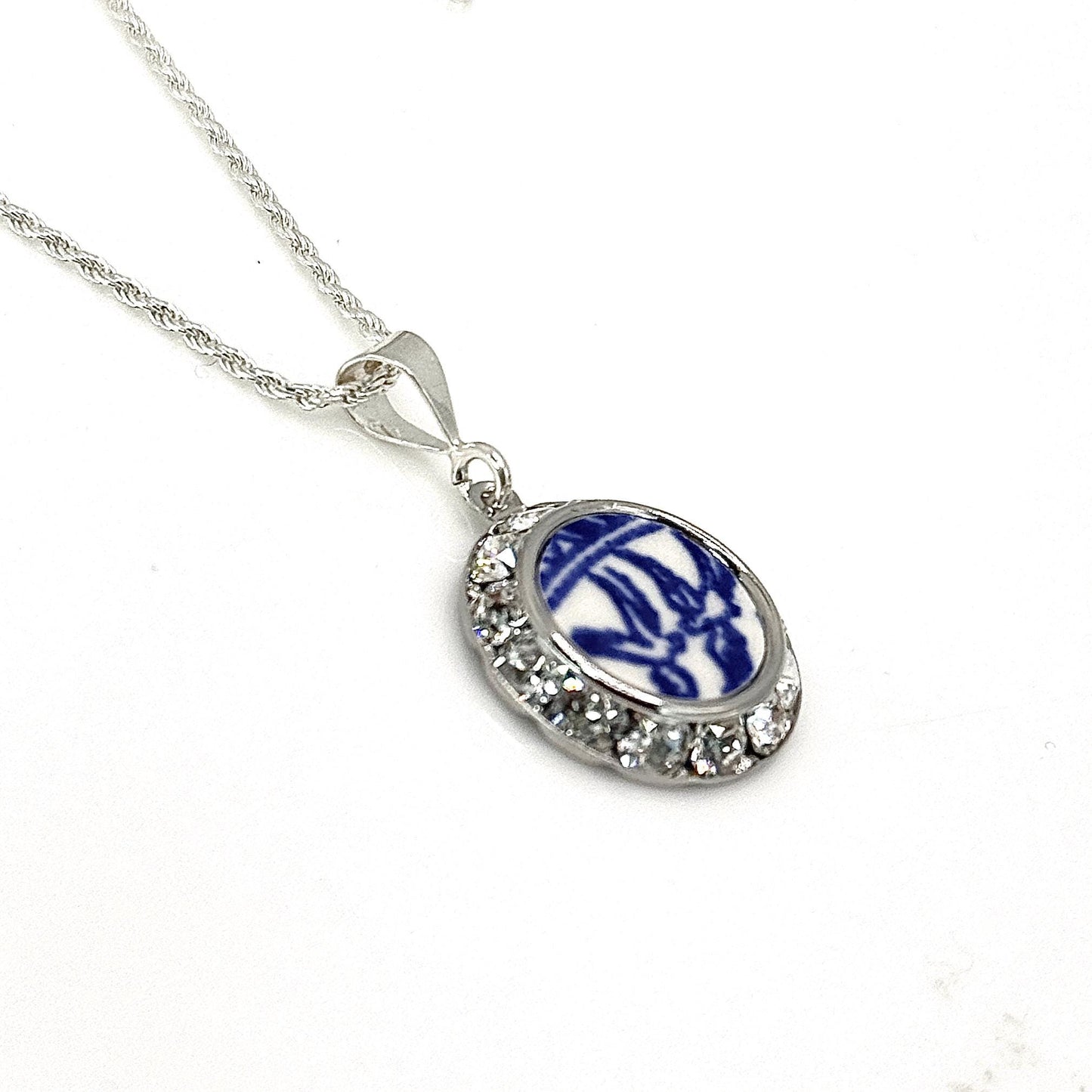 Dainty Love Birds Crystal Necklace, 20th Anniversary Gift for Wife, Romantic Vintage Blue Willow Broken China Jewelry