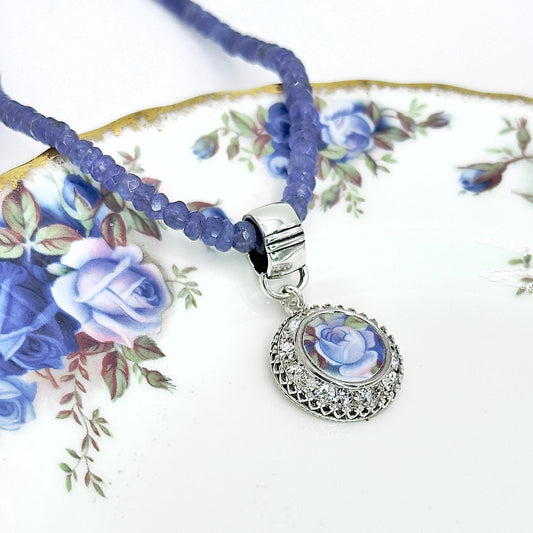 Tanzanite Necklace, Romantic 20th Anniversary Gifts for Wife, Royal Albert Moonlight Rose Pendant Necklace, Broken China Jewelry for Women