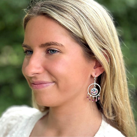 Pink Opal Broken China Jewelry Earrings, Unique Gifts for Her, Sterling Silver Round Rose Chandelier Earrings, Forget Me Nots