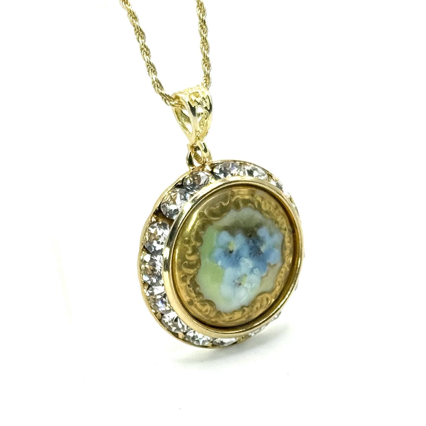 Forget Me Not Antique Button Necklace, Hand Painted Porcelain Button, 18th Anniversary Gifts for Wife, Adjustable Gold Necklace