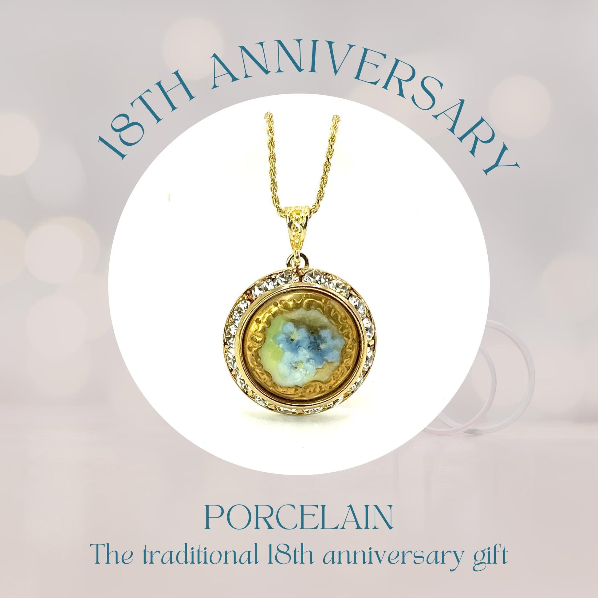 Forget Me Not Antique Button Necklace, Hand Painted Porcelain Button, 18th Anniversary Gifts for Wife, Adjustable Gold Necklace