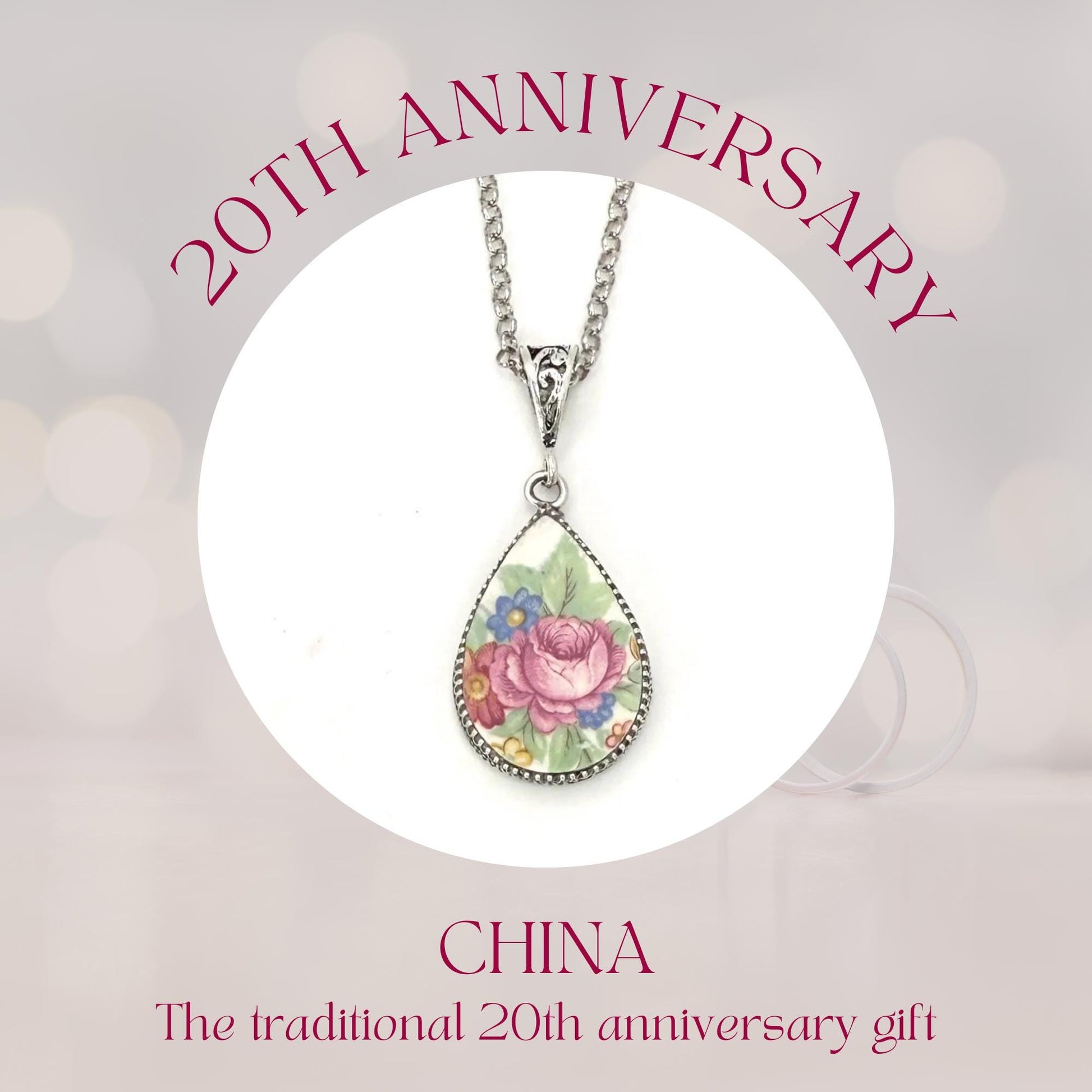 Pink Rose Vintage China Necklace, Unique 20th Anniversary Gifts for Wife, Broken China Jewelry, Sterling Silver, Repurposed American China