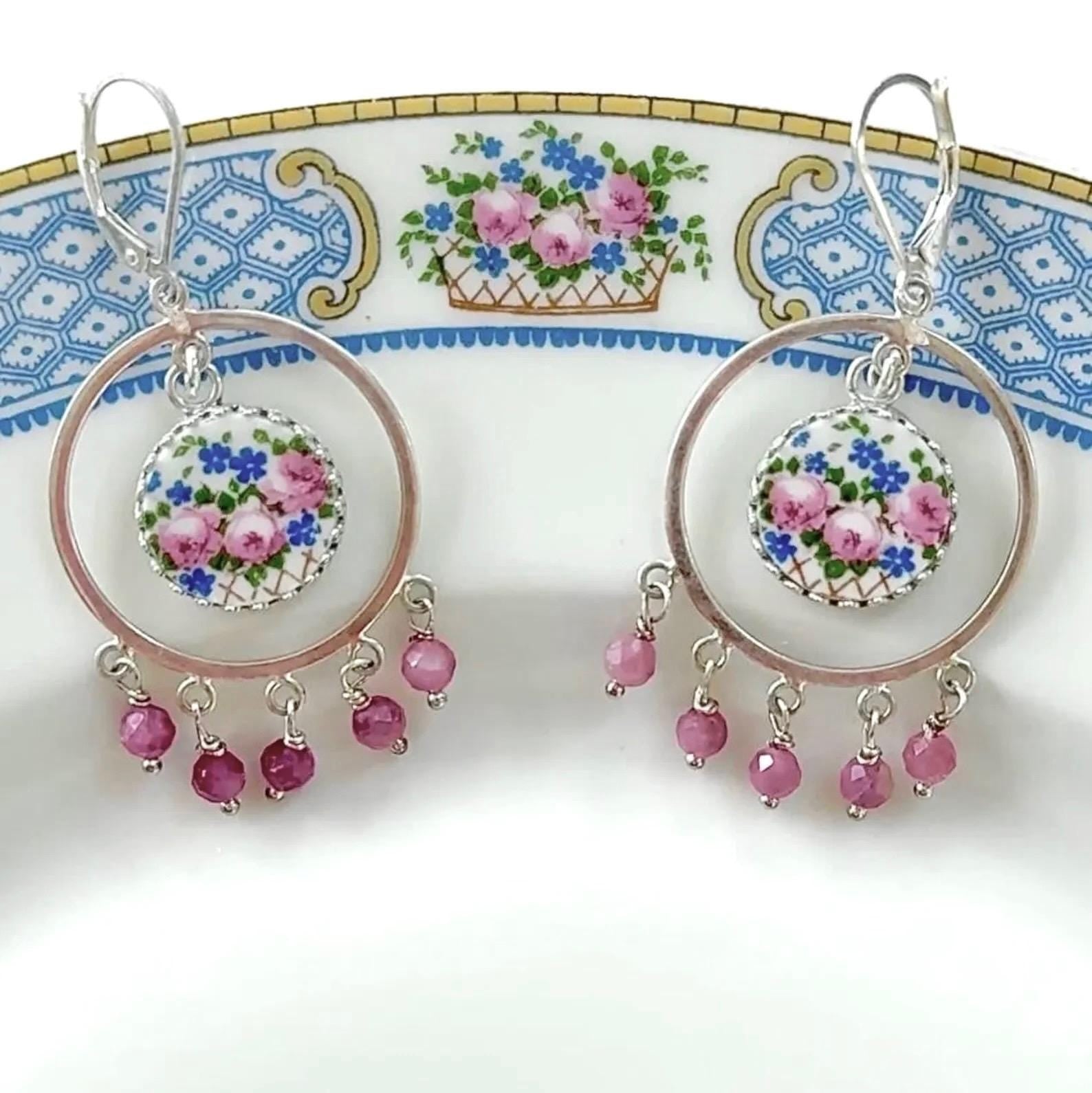 Pink Opal Broken China Jewelry Earrings, Unique Gifts for Her, Sterling Silver Round Rose Chandelier Earrings, Forget Me Nots