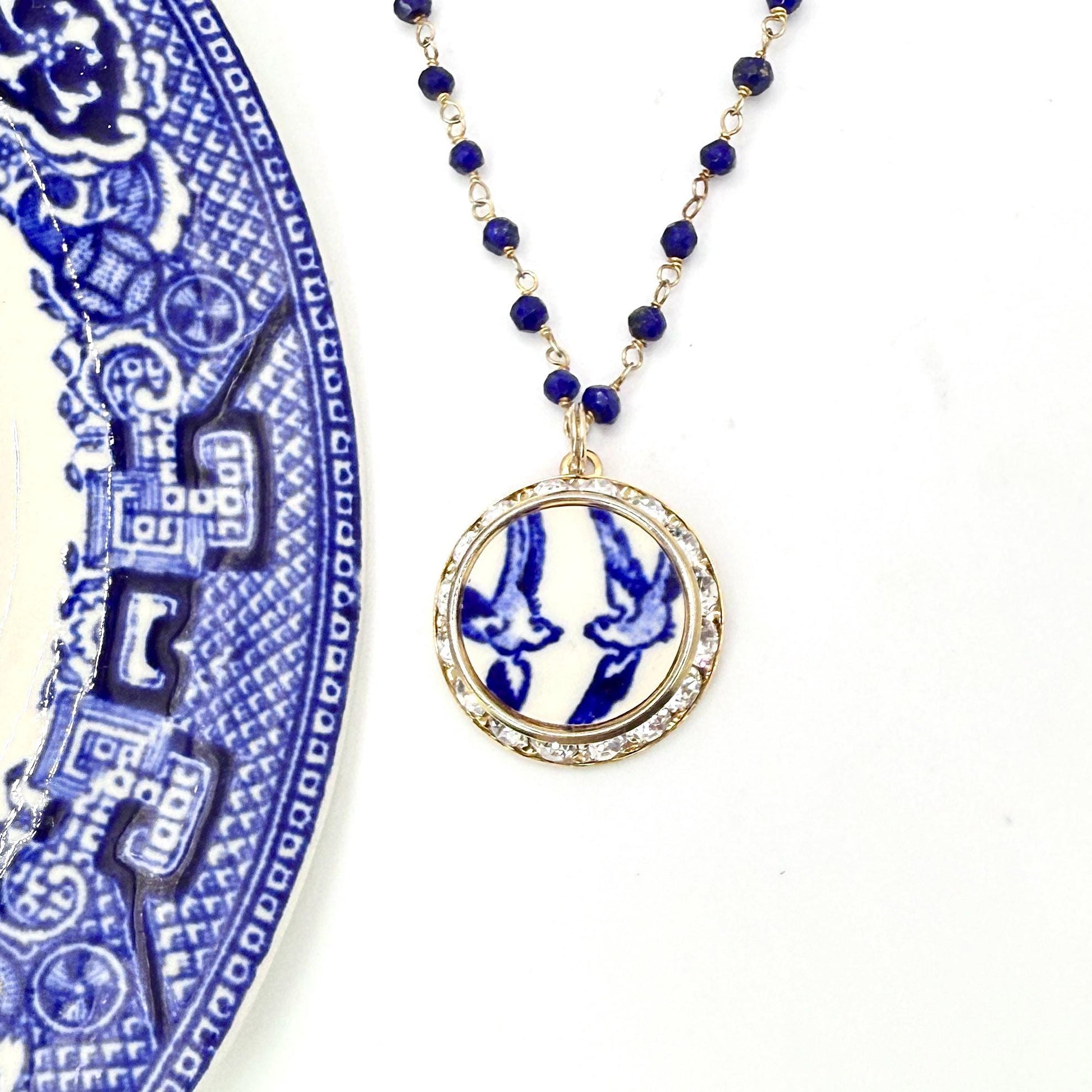 Gold 9th Anniversary Blue Willow Love Birds Necklace, Romantic Lapis Lazuli Anniversary Gifts for Wife, Vintage Broken China Jewelry