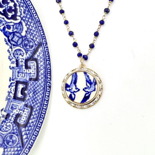 Gold 9th Anniversary Blue Willow Love Birds Necklace, Romantic Lapis Lazuli Anniversary Gifts for Wife, Vintage Broken China Jewelry