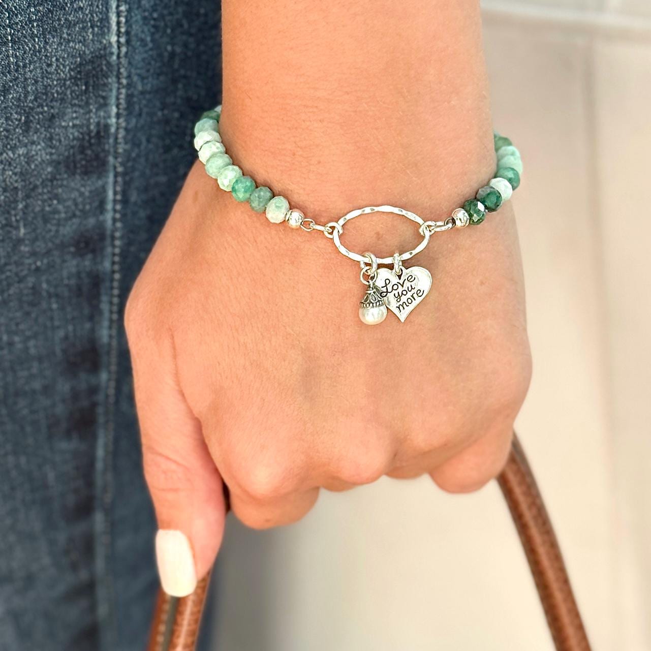 20th Anniversary Emerald Gift for Wife, Love You More Sterling Silver Heart Charm and Pearl, Hammered Silver, Adjustable, Dainty Jewelry
