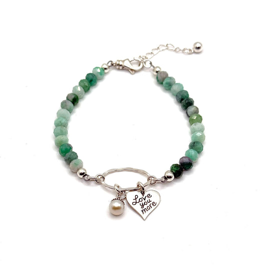 20th Anniversary Emerald Gift for Wife, Love You More Sterling Silver Heart Charm and Pearl, Hammered Silver, Adjustable, Dainty Jewelry