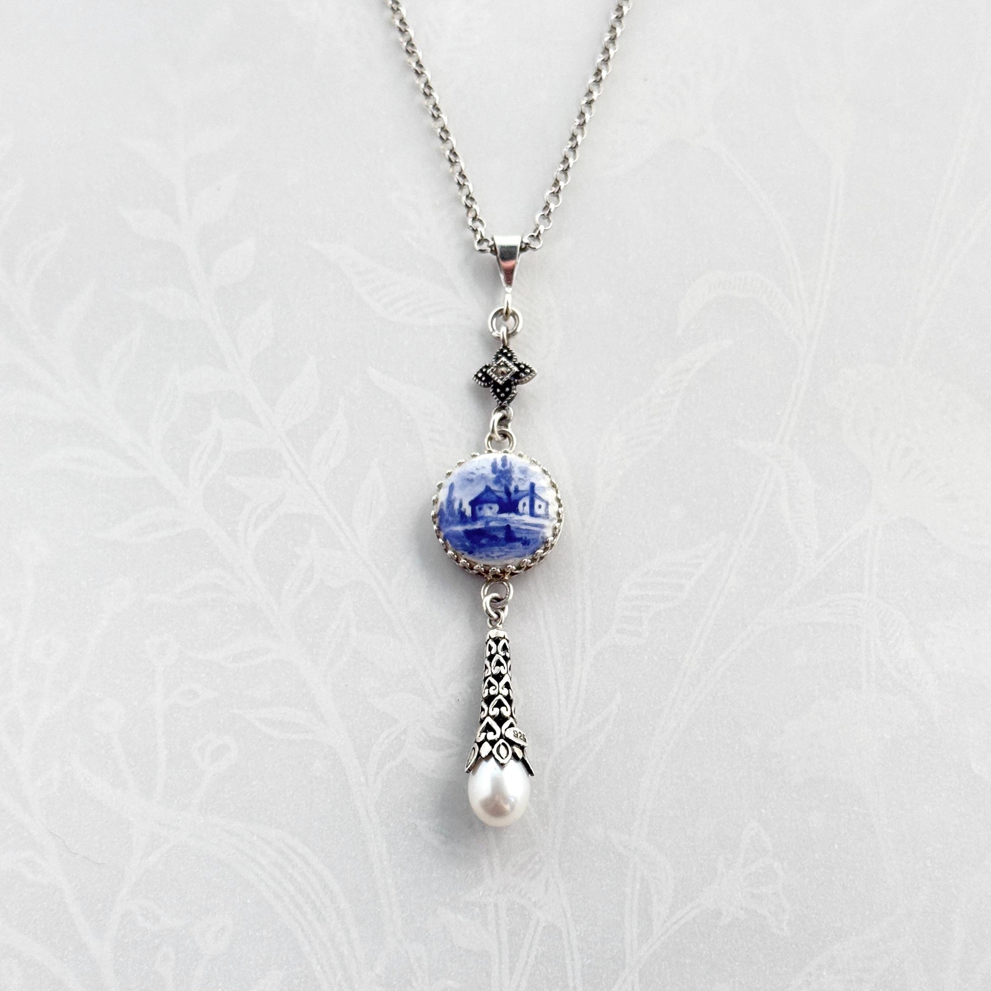 Vintage Button Necklace, Unique 18th Anniversary Gift for Wife, Hand Painted Delft Porcelain from Holland, Marcasite and Pearl Drop Necklace