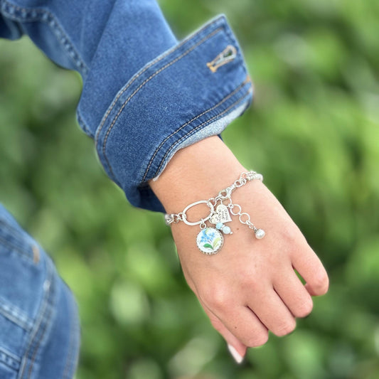 Romantic I Love You More Bracelet, Heart Anniversary Gifts for Girlfriend, Forget Me Not Broken China Jewelry, Adjustable, Aquamarine