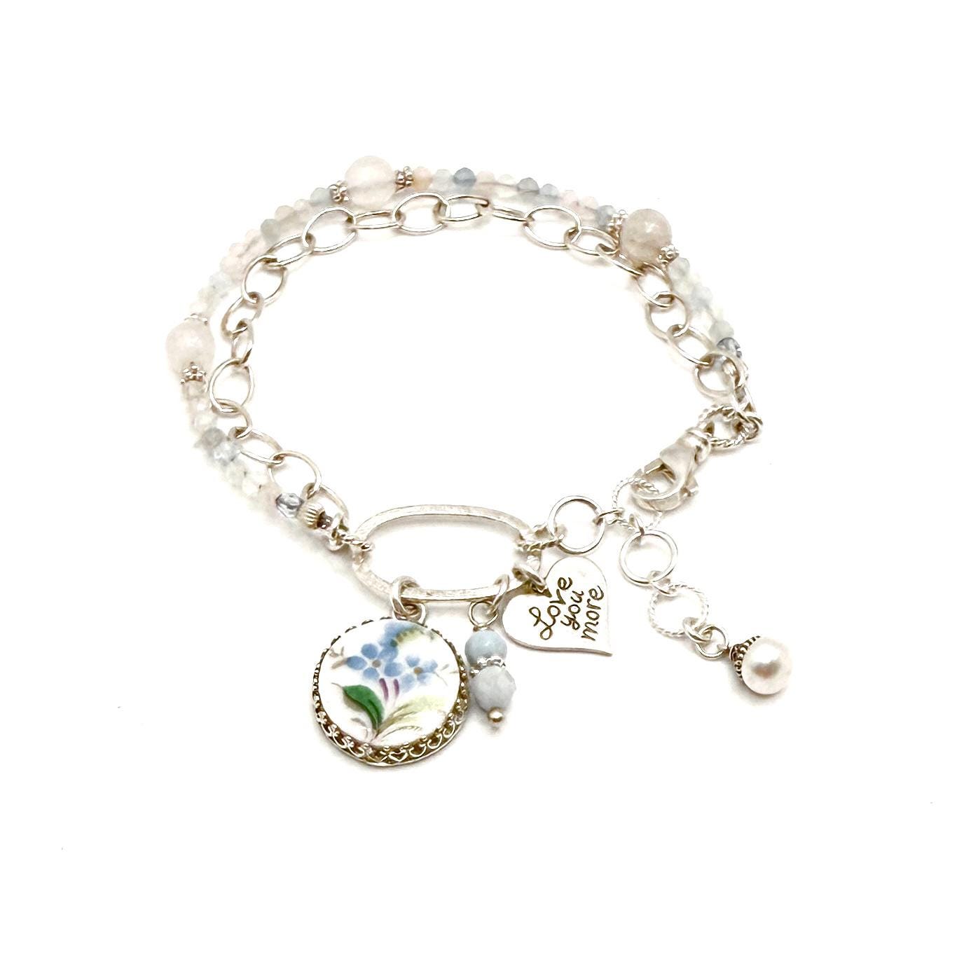 Romantic I Love You More Bracelet, Heart Anniversary Gifts for Girlfriend, Forget Me Not Broken China Jewelry, Adjustable, Aquamarine