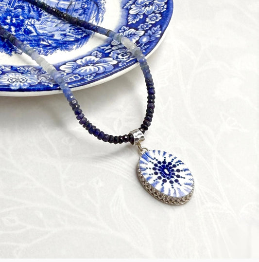 20th Wedding Anniversary Gift for Wife, Sapphire Jewelry, Vintage and Repurposed Liberty Blue China, Broken China Necklace