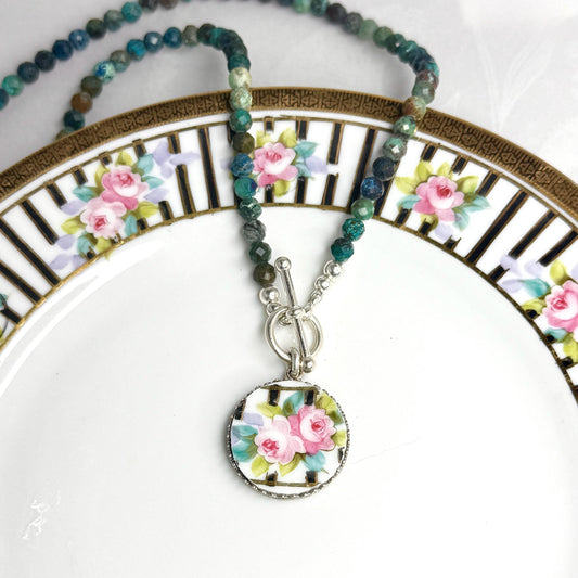 Turquoise Toggle Necklace, Large Pink Rose Pendant, Broken China Jewelry, Statement Necklace, Vintage China, Artisan Jewelry, Gifts for Her
