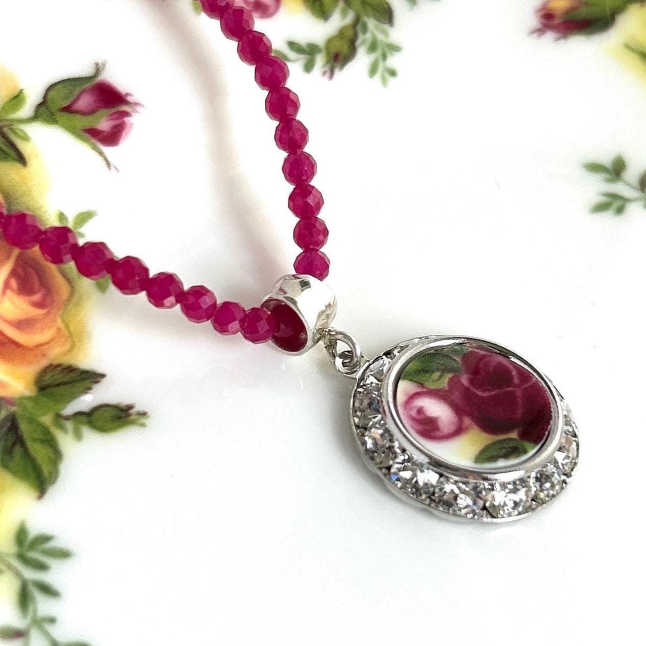 Dainty Ruby Necklace, 20th Anniversary Gifts for Wife, Red Rose for Love, Crystal Broken China Jewelry, Royal Albert Old Country Roses