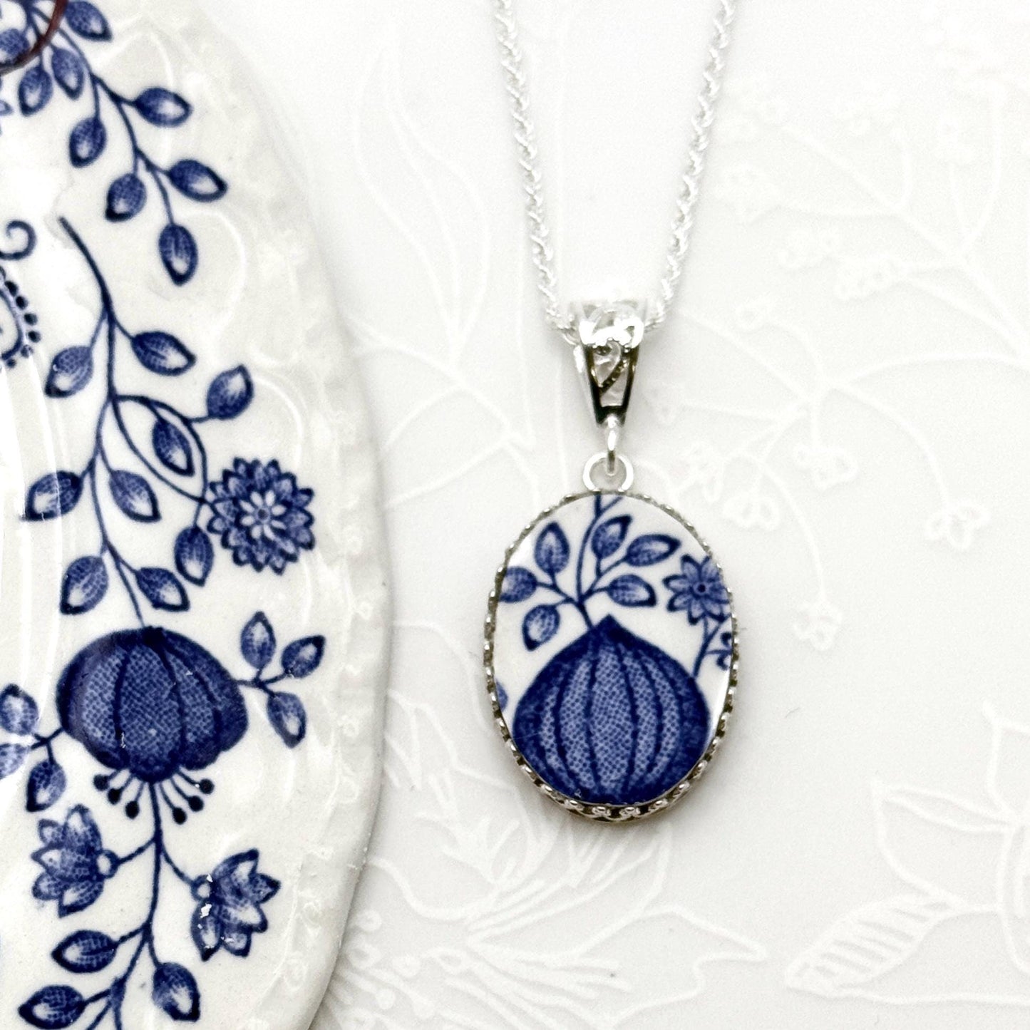 Broken China Jewelry, Blue Onion Flower Necklace, 20th Anniversary Gift for Wife, Repurposed Jewelry
