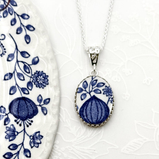 Broken China Jewelry, Blue Onion Flower Necklace, 20th Anniversary Gift for Wife, Repurposed Jewelry