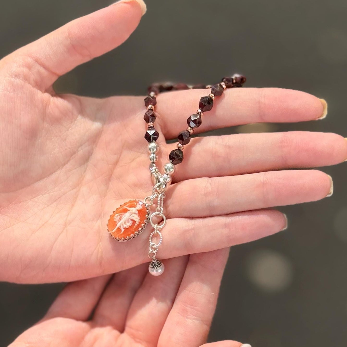 Dancing Fairy Cameo Bracelet, Real Vintage Italian Shell Cameo, Garnet and Pyrite, Pearl Drop Adjustable Bracelet, Gifts for Women