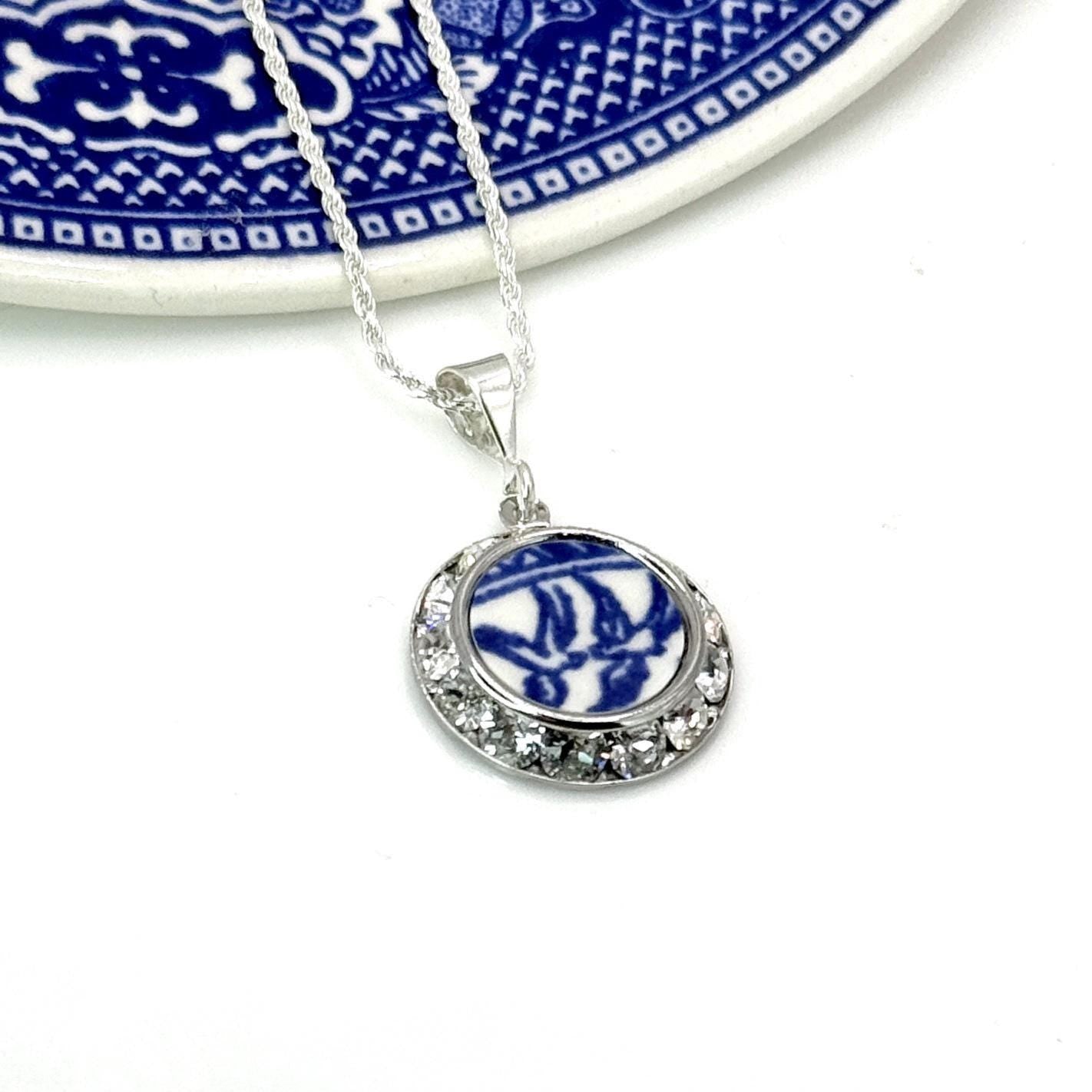 Dainty Love Birds Crystal Necklace, 20th Anniversary Gift for Wife, Romantic Vintage Blue Willow Broken China Jewelry