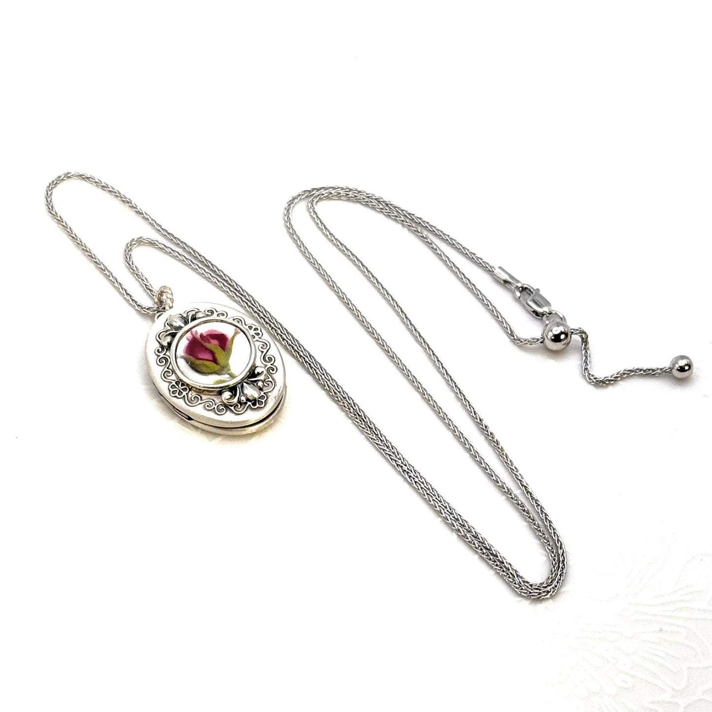 Old Country Roses Photo Locket Necklace, 20th Anniversary Keepsake Gifts for Wife, Sterling Silver Broken China Jewelry