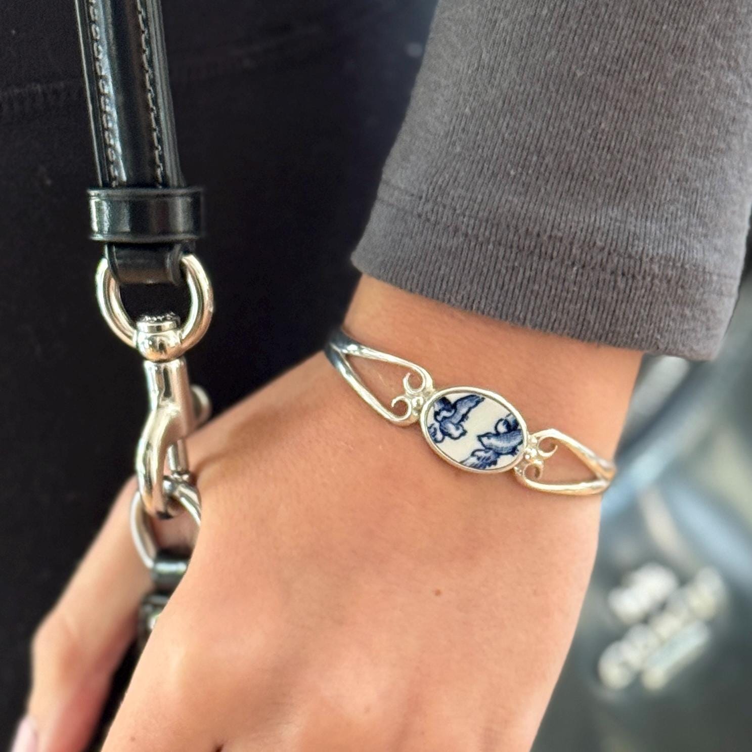 9th Anniversary Gift for Wife, Blue Willow Love Birds, Broken China Jewelry 20th Anniversary Gift, Dainty Sterling Silver Cuff Bracelet