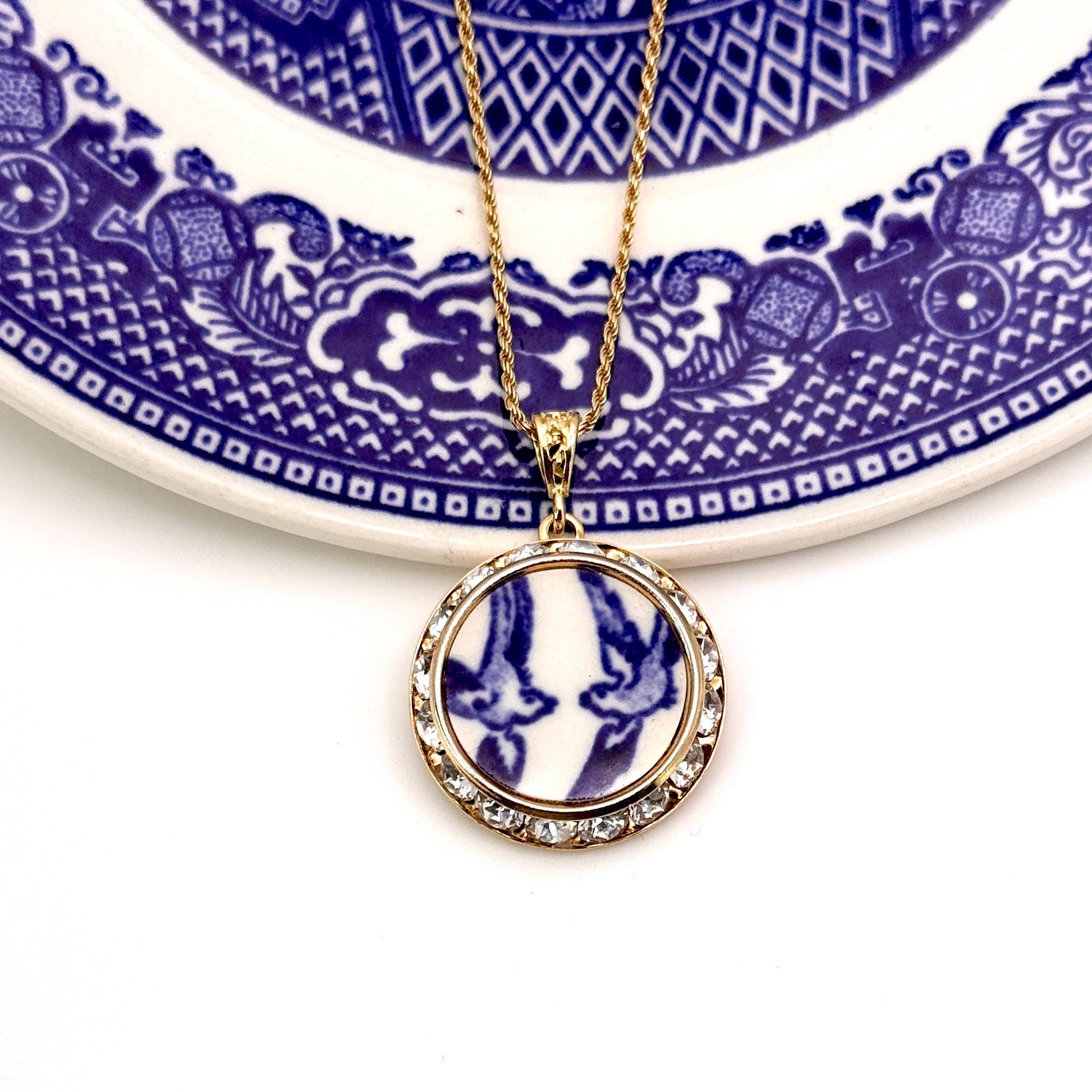 Adjustable Love Birds China Necklace, Gold Broken China Jewelry Romantic 20th Anniversary Gift for Wife Vintage Blue Willow China