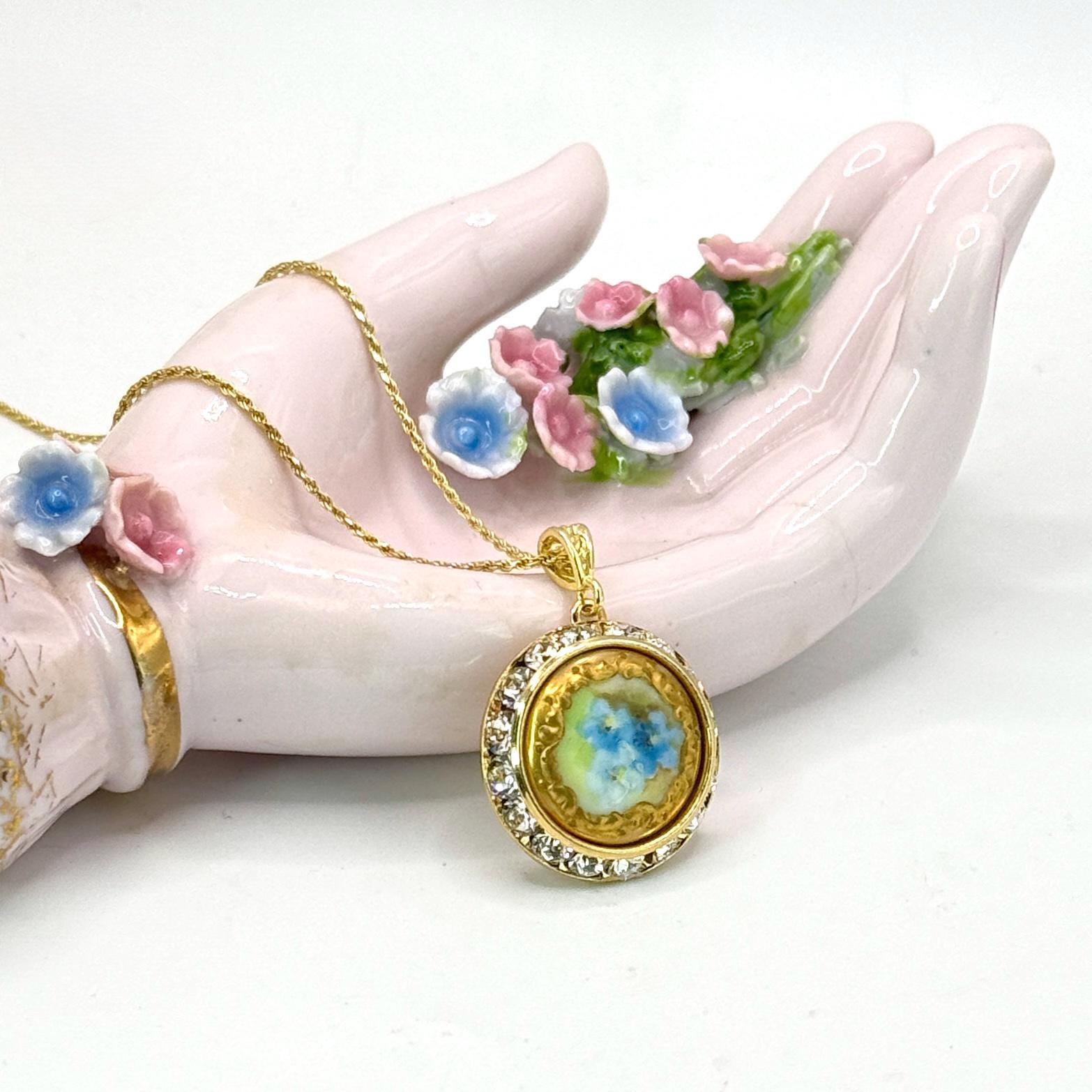Forget Me Not Antique Button Necklace, Hand Painted Porcelain Button, 18th Anniversary Gifts for Wife, Adjustable Gold Necklace