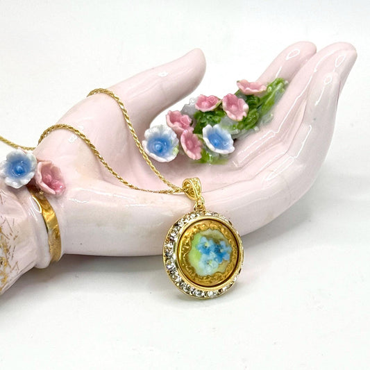 Forget Me Not Antique Button Necklace, Hand Painted Porcelain Button, 18th Anniversary Gifts for Wife, Adjustable Gold Necklace