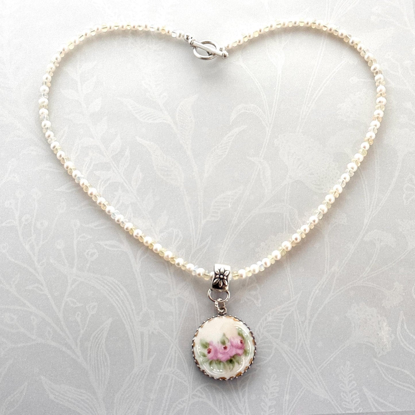 18th Wedding Anniversary Gift for Wife, Antique Hand Painted Porcelain Button Jewelry, Opal and Pearl Toggle Necklace, Sterling Silver