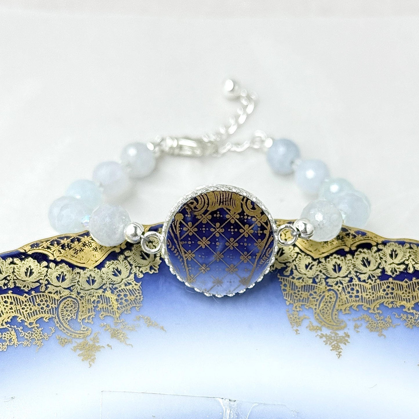 Antique Porcelain Statement Bracelet, 18th Anniversary Gift for Wife, Aquamarine Jewelry, Theodore Haviland Limoges, Flow Blue