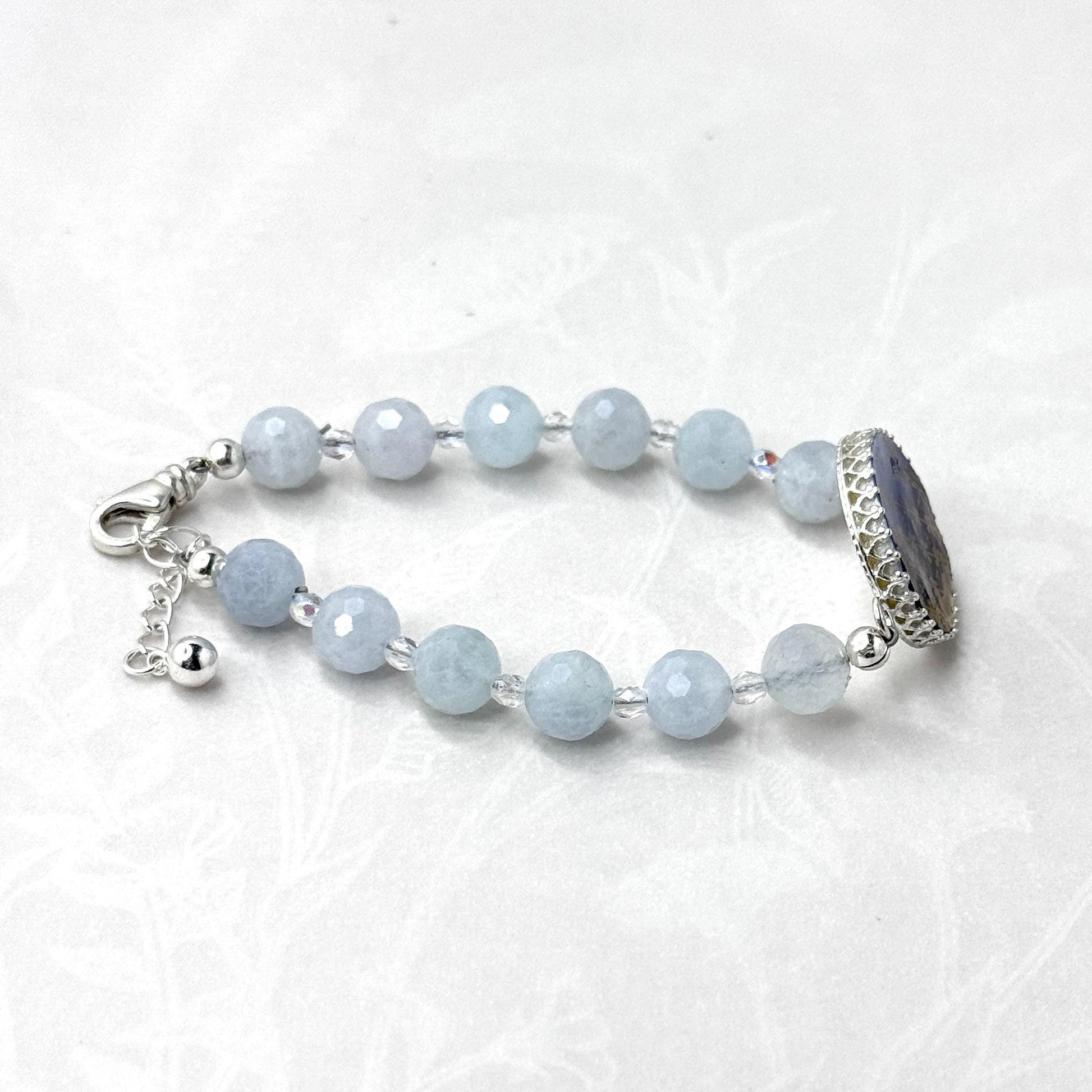 Antique Porcelain Statement Bracelet, 18th Anniversary Gift for Wife, Aquamarine Jewelry, Theodore Haviland Limoges, Flow Blue
