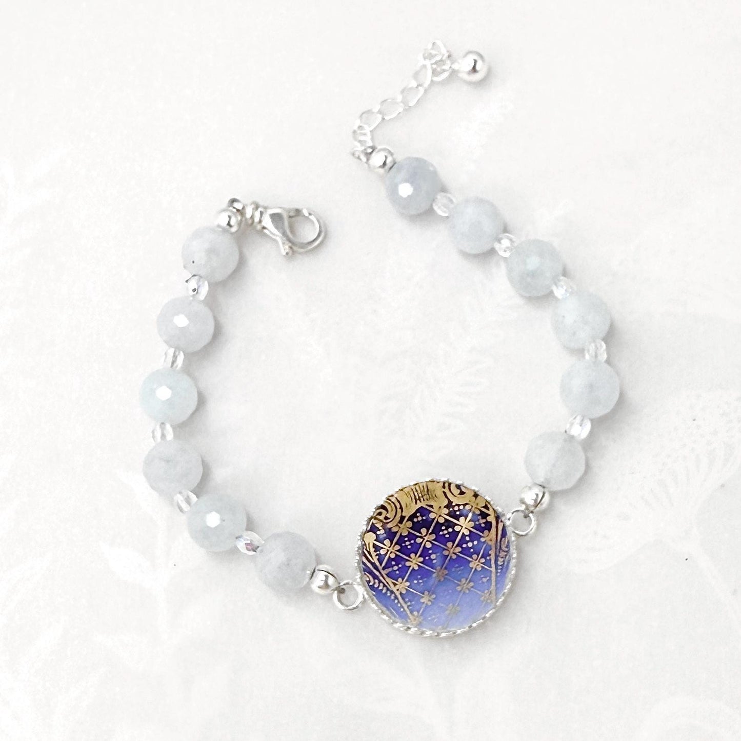 Antique Porcelain Statement Bracelet, 18th Anniversary Gift for Wife, Aquamarine Jewelry, Theodore Haviland Limoges, Flow Blue