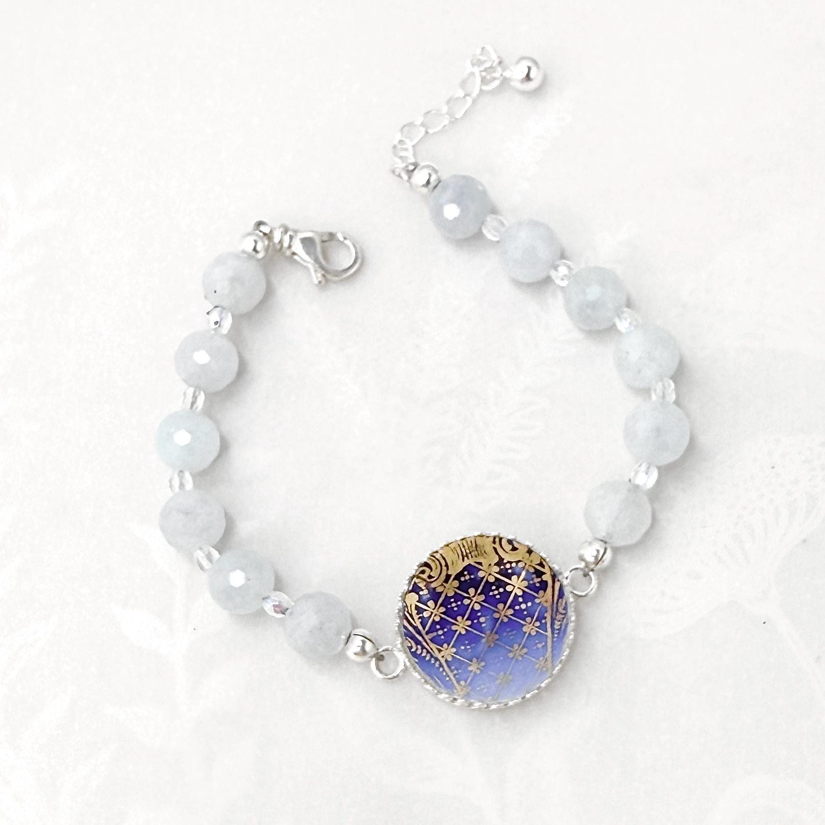 Antique Porcelain Statement Bracelet, 18th Anniversary Gift for Wife, Aquamarine Jewelry, Theodore Haviland Limoges, Flow Blue