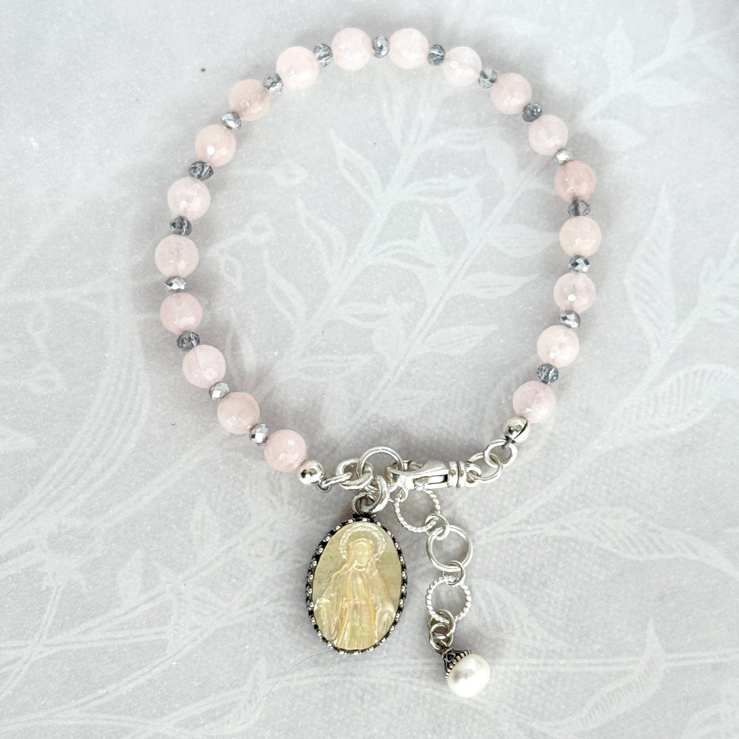 Blessed Mother Mary Pearl Cameo Bracelet, Religious Jewelry Gifts for Women, Adjustable Rose Quartz Bracelet, Sterling Silver