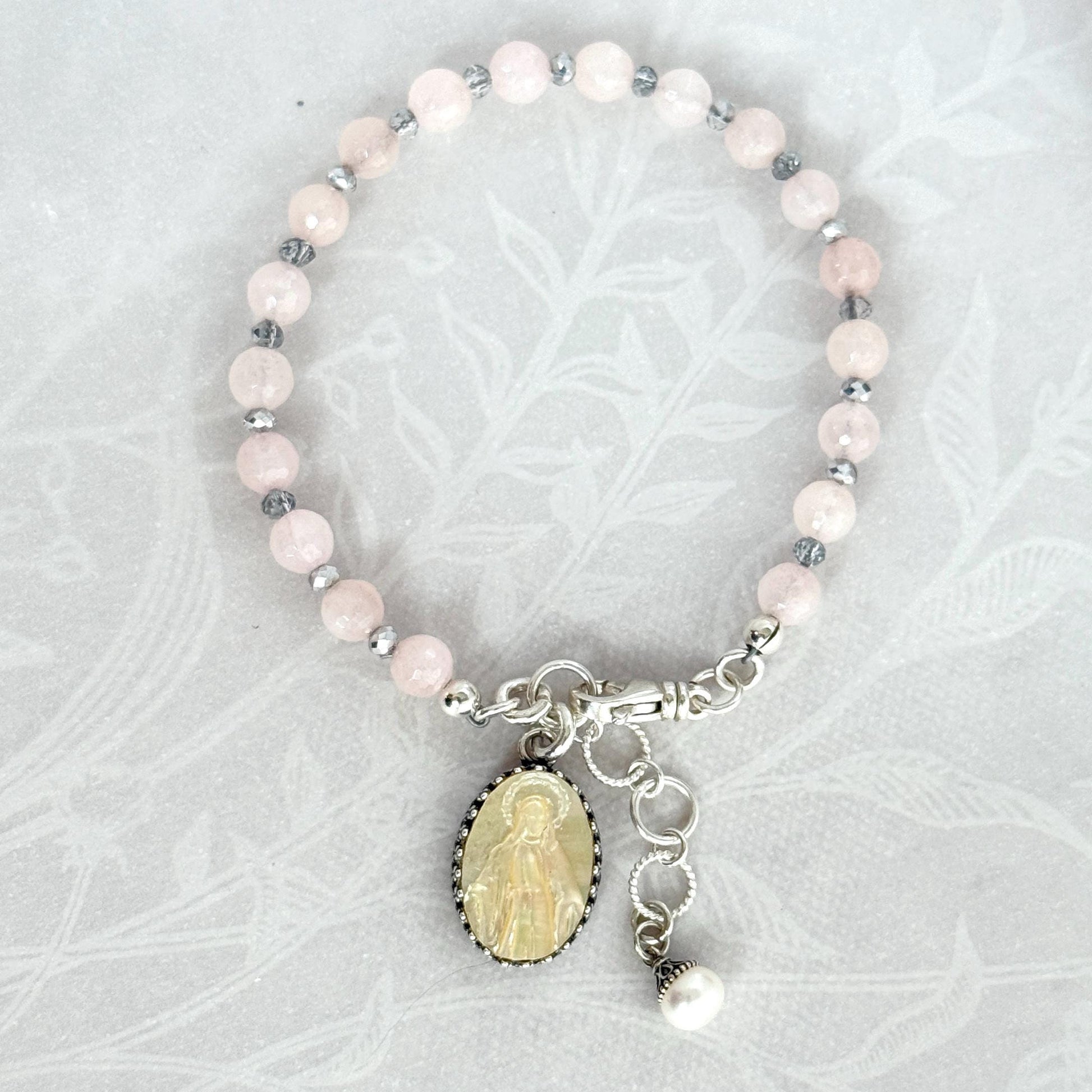 Blessed Mother Mary Pearl Cameo Bracelet, Religious Jewelry Gifts for Women, Adjustable Rose Quartz Bracelet, Sterling Silver