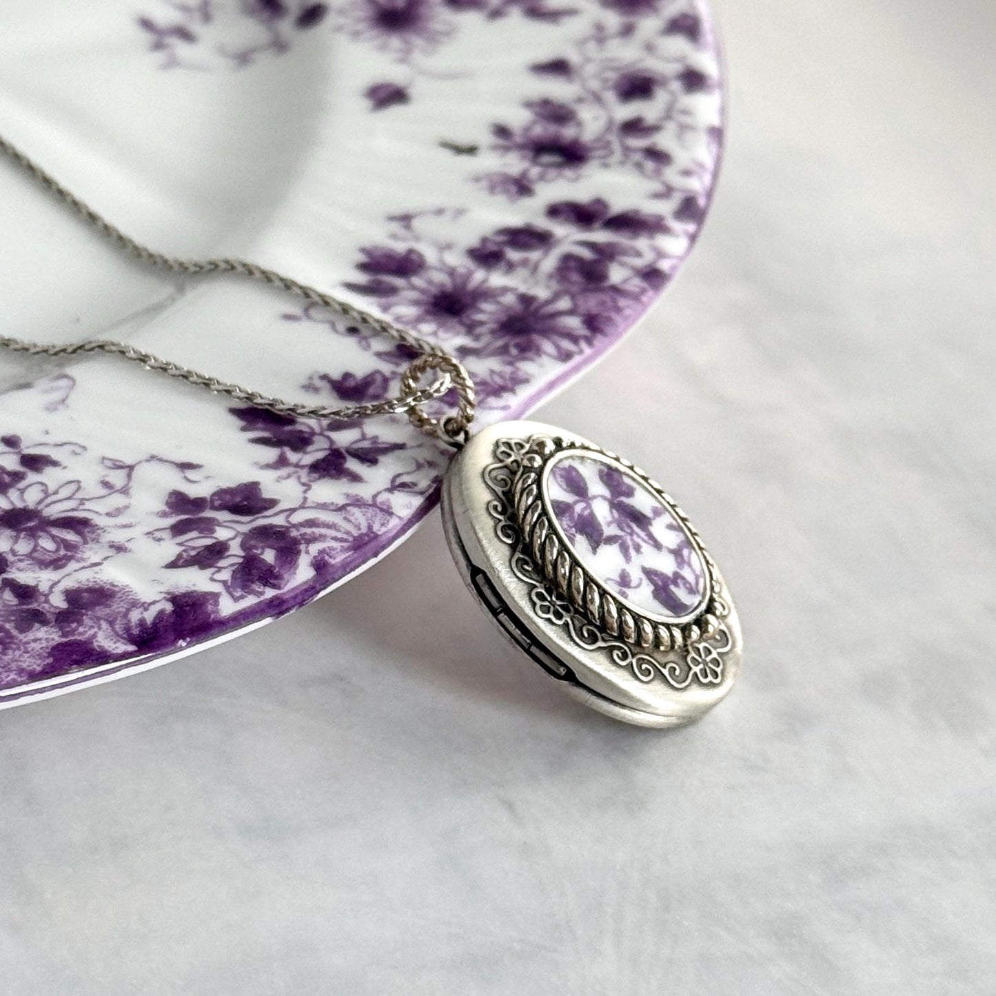 Purple Shelley China Photo Locket Necklace, 20th Anniversary Gifts for Wife, Vintage Broken China Jewelry, Sterling Silver