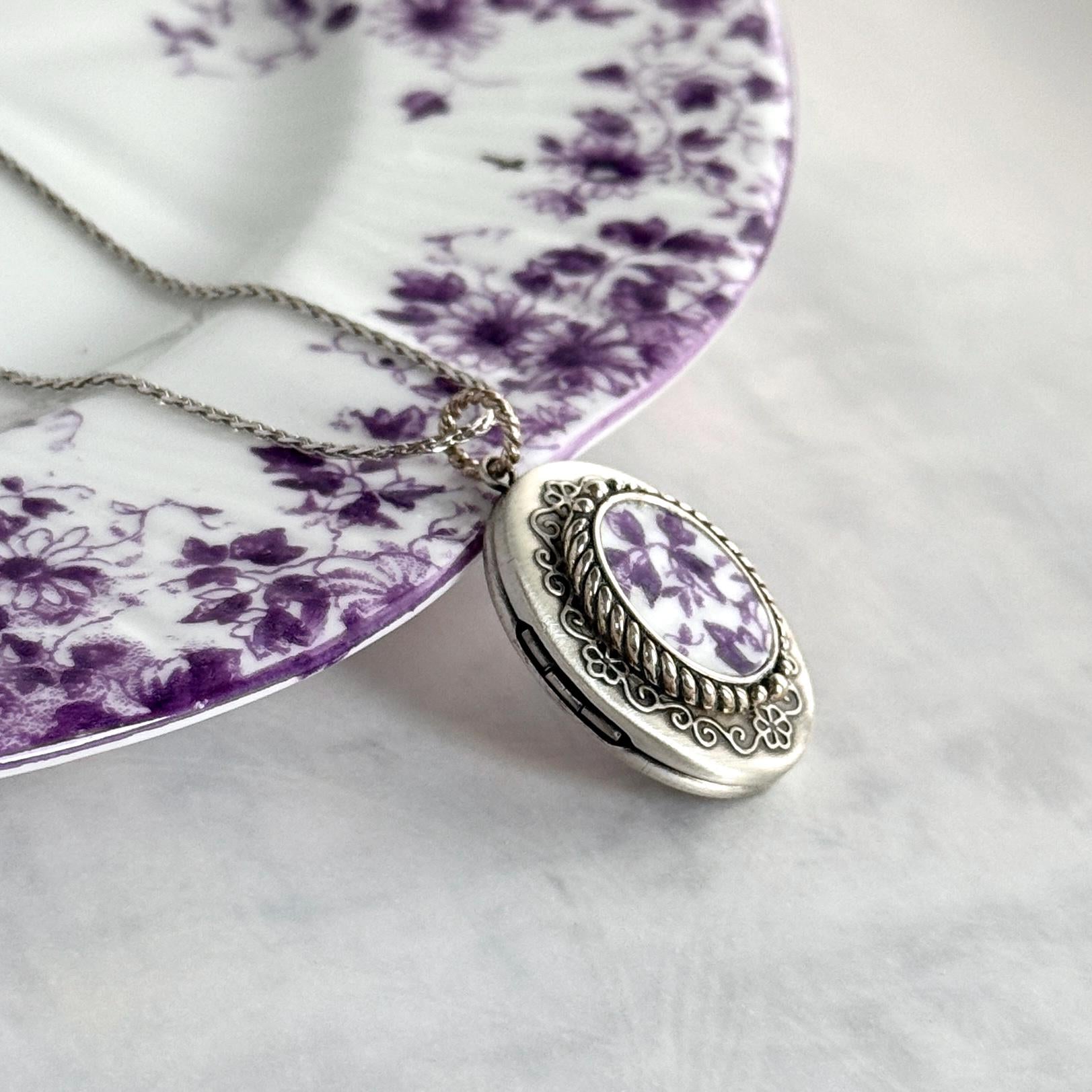 Purple Shelley China Photo Locket Necklace, 20th Anniversary Gifts for Wife, Vintage Broken China Jewelry, Sterling Silver