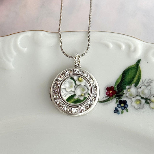 Lily of the Valley Locket Necklace, 20th Anniversary Gifts for Wife, Vintage Broken China Jewelry, Crystal Photo Locket