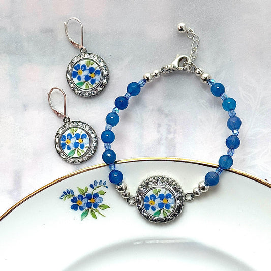 Forget Me Not China Bracelet & Earrings, 20th Anniversary Gift for Wife, Vintage Broken China Jewelry Set, Blue Flower Aquamarine Jewelry