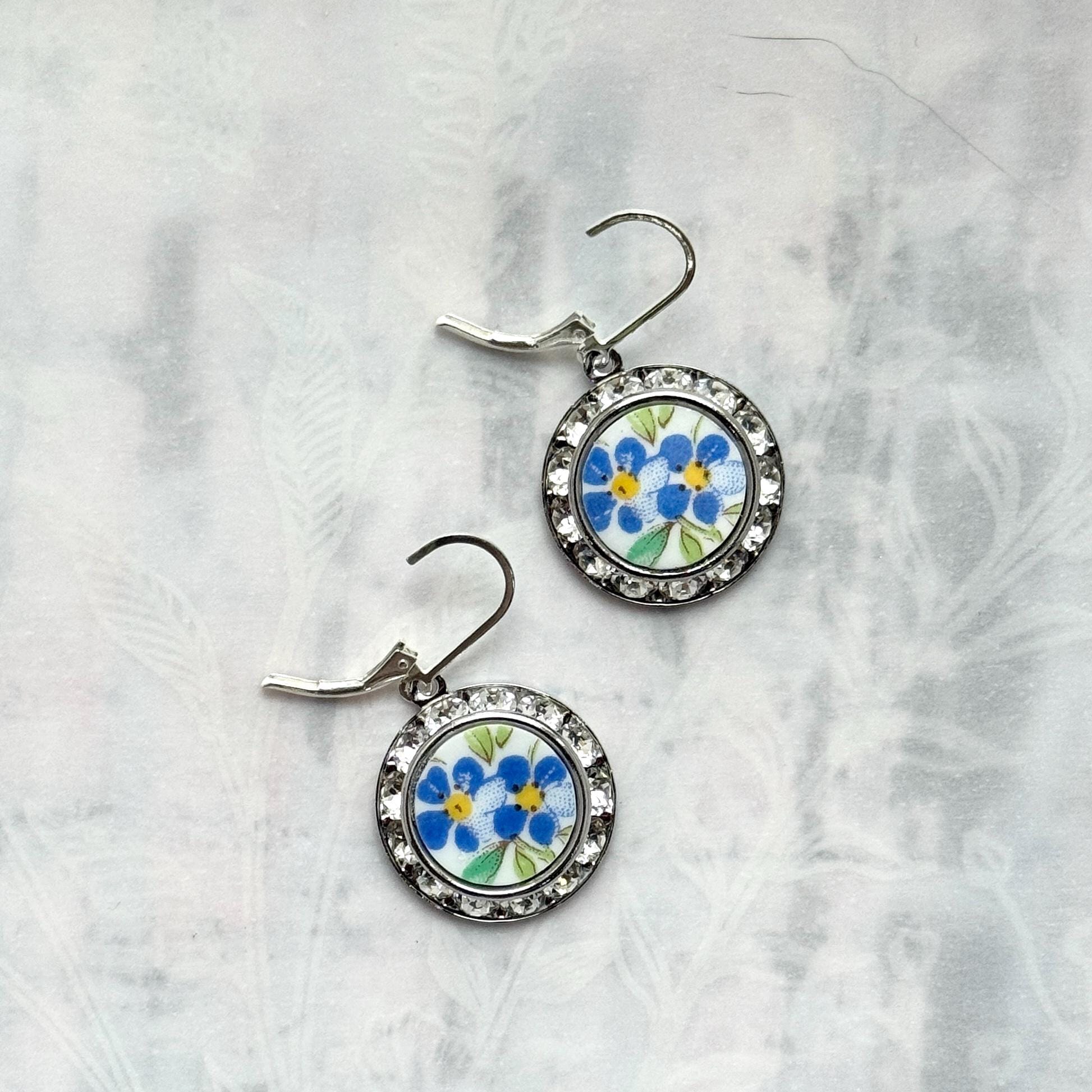 Forget Me Not China Bracelet & Earrings, 20th Anniversary Gift for Wife, Vintage Broken China Jewelry Set, Blue Flower Aquamarine Jewelry