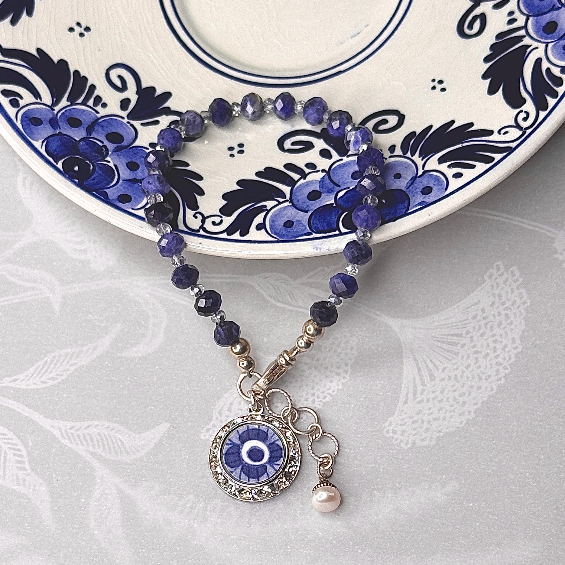 Vintage Holland Delftware Bracelet, 9th Wedding Anniversary Pottery Gift for Wife, Crystal Jewelry