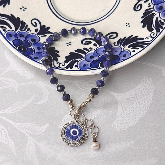 Vintage Holland Delftware Bracelet, 9th Wedding Anniversary Pottery Gift for Wife, Crystal Jewelry