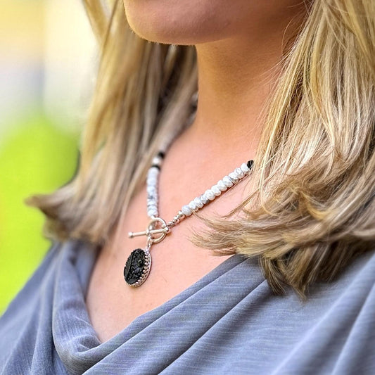 Vintage Black Glass Button Necklace, Victorian Statement Jewelry, Black Onyx, Freshwater Pearl and Howlite Semi Precious Stones