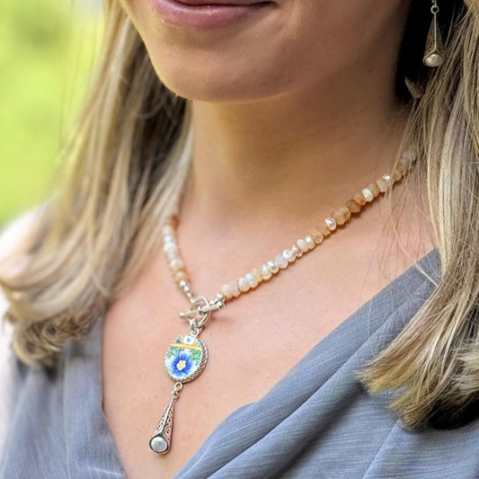 Vintage Porcelain Necklace, 18th Anniversary Gift for Wife, Victorian Gemstone Jewelry