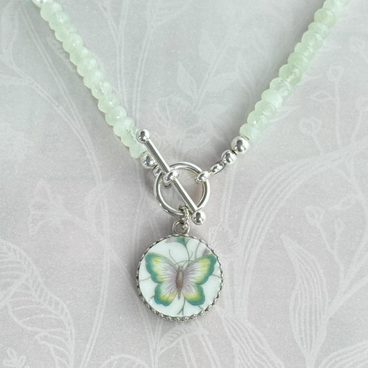 Butterfly Toggle Necklace, Vintage Porcelain Jewelry, 18th Anniversary Gifts for Wife, Jade Gemstone Statement Necklace