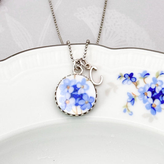 Forget Me Not Initial Necklace, Personalized Friendship Jewelry Gifts, Adjustable and Dainty Name Necklace, Broken China Jewelry