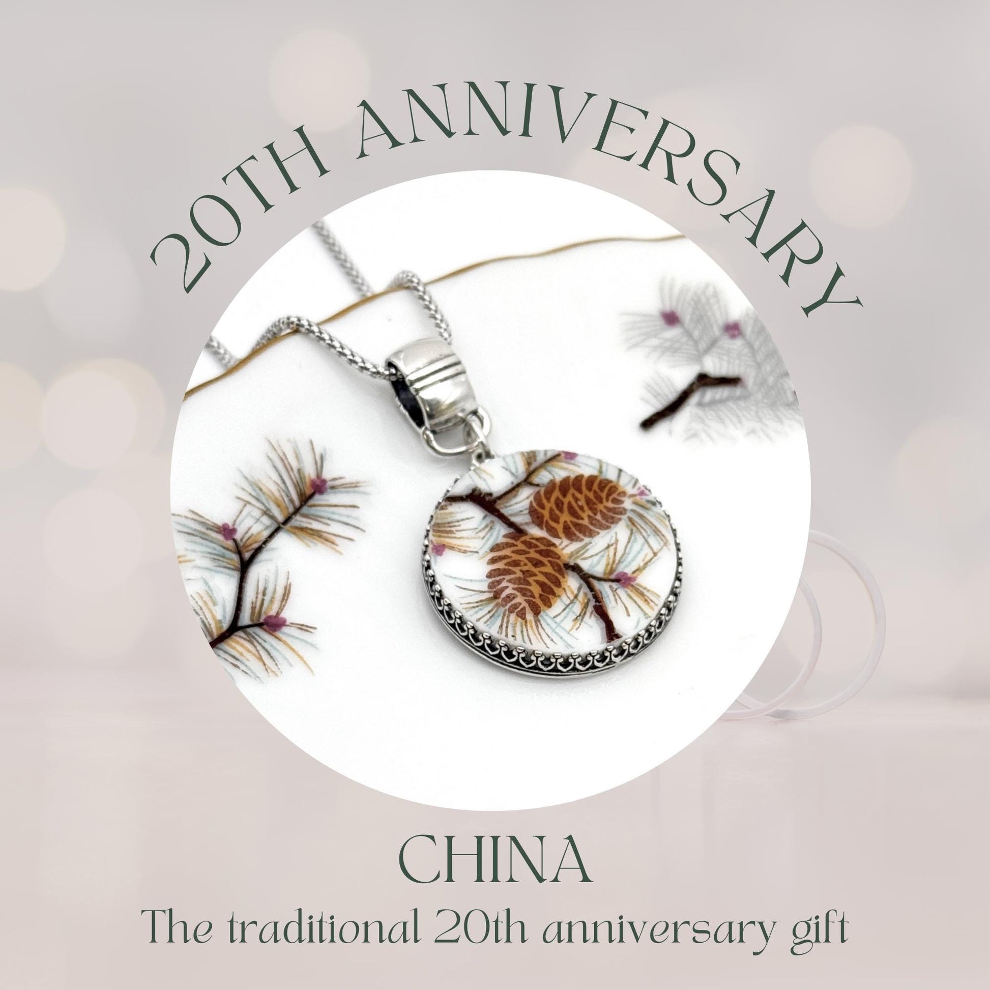 Pinecone China Necklace, 20th Anniversary Gifts for Wife, Winter Wedding, Broken China Jewelry, Sterling Silver Statement Necklace