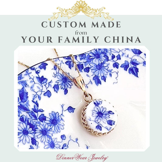 CUSTOM 14k Solid Gold Dainty China Necklace, 20th Anniversary Gifts for Wife, Repurposed Broken China Jewelry Victorian Pendant or Necklace