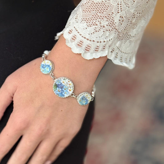 Unique 18th Wedding Anniversary Gifts for Wife, Antique Hand Painted Porcelain, Sterling Silver Forget Me Not Bracelet, Statement Jewelry