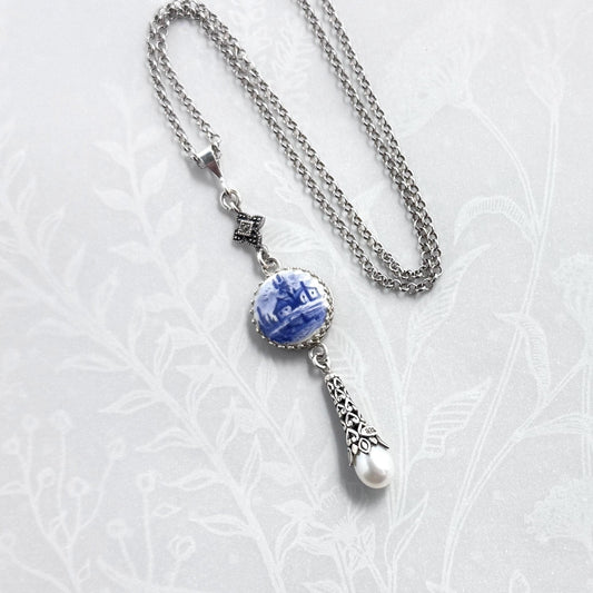 Vintage Button Necklace, Unique 18th Anniversary Gift for Wife, Hand Painted Delft Porcelain from Holland, Marcasite and Pearl Drop Necklace
